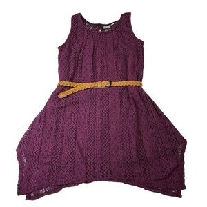 Mudd Girls Casual Purple Dress Lace Overlay Hanky Hem with Braided Tan Belt Sz M